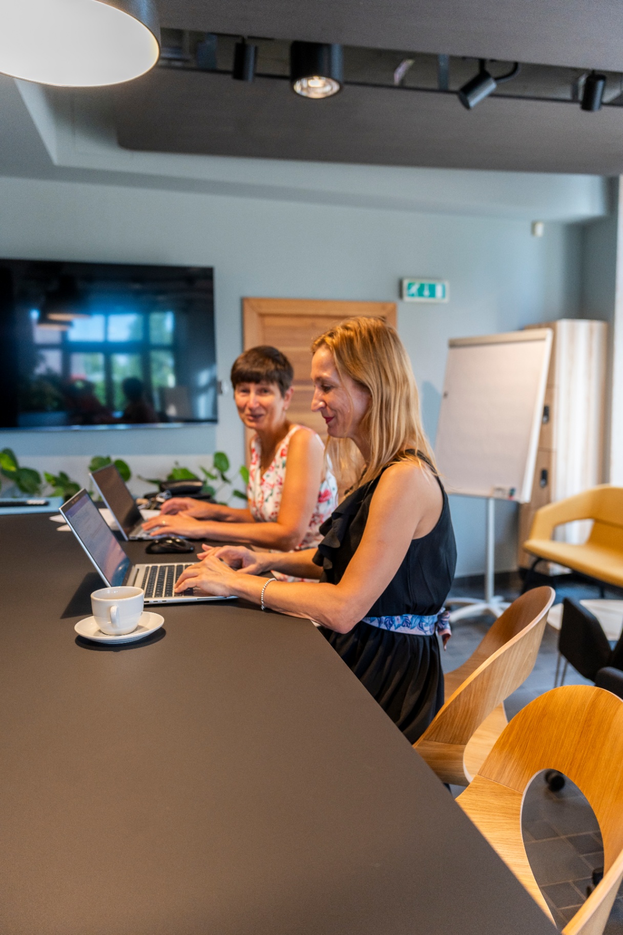 Brandová fotografie coworkingu — dvě ženy s notebooky v moderní zasedací místnosti